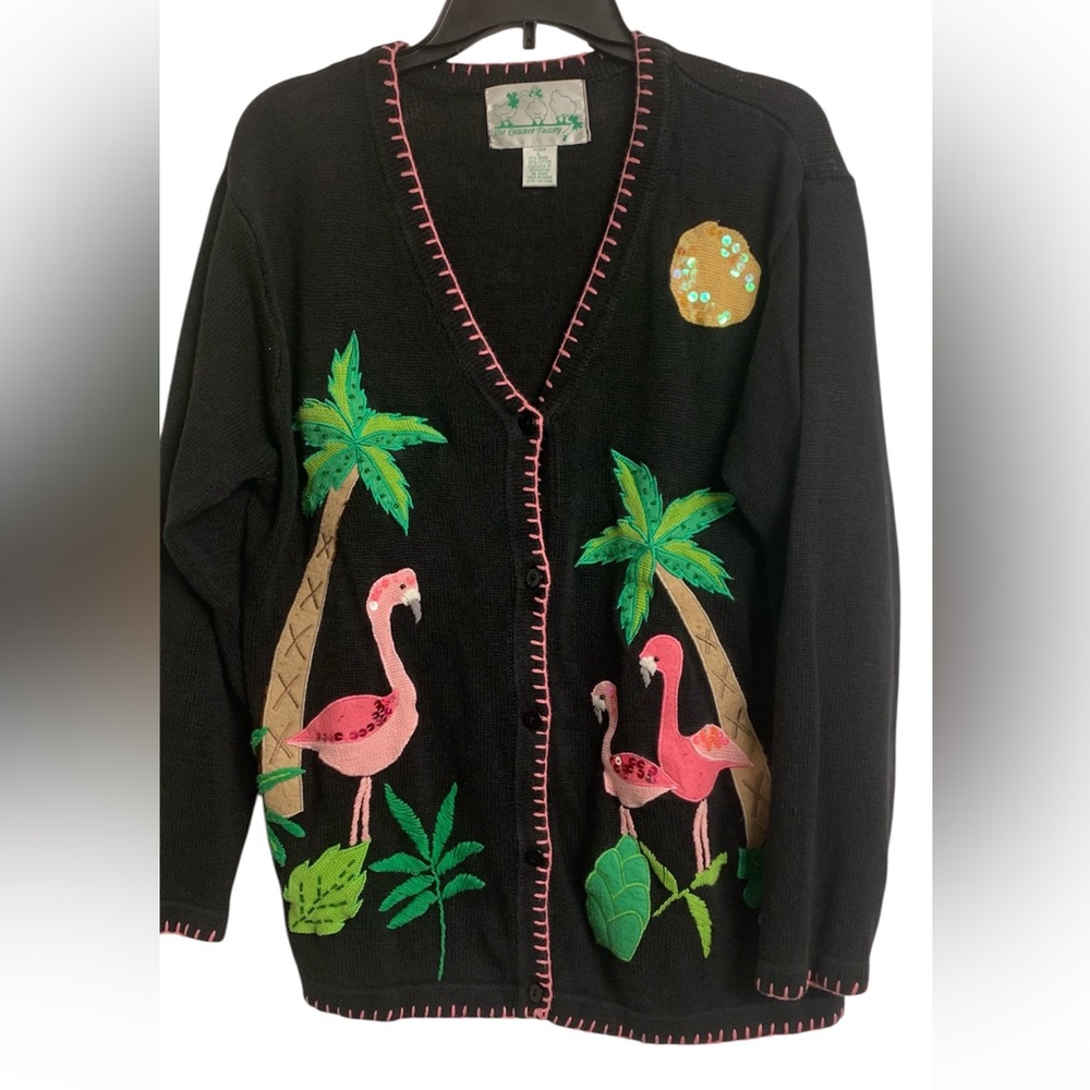The Quacker Factory L Tropical Animal‎ Print Knit Sweater Flamingos & Palm trees